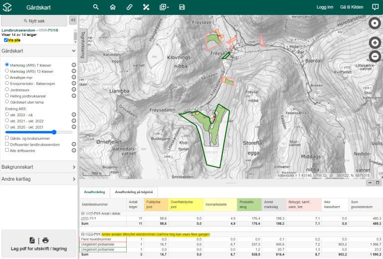 Visning av eiendom i gårdskart – alle teiger