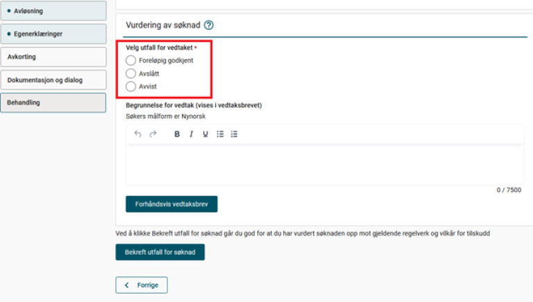 Skjermbilde 7 PT brukerveiledning Estil Vurdering av søknad.png