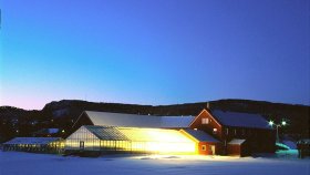 Våningshus og veksthus med lys, mot nattehimmel vinterstid.