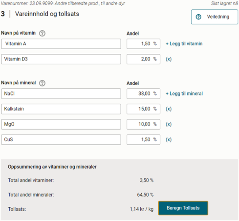 Skjermbilde med eksempel på oversikt over vareinnhold og tollsats