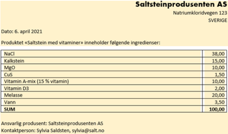 Skjermbilde som viser eksempel med ingrediensliste for produktet "Saltstein med vitaminer"