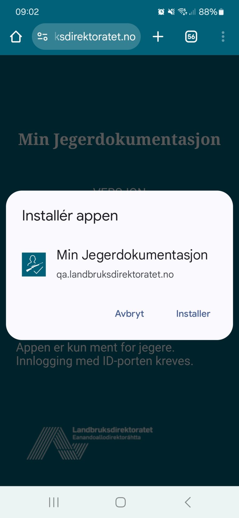 Bildet viser Bekreft at du vil installere Min jegerdokumentasjon på mobilen din 