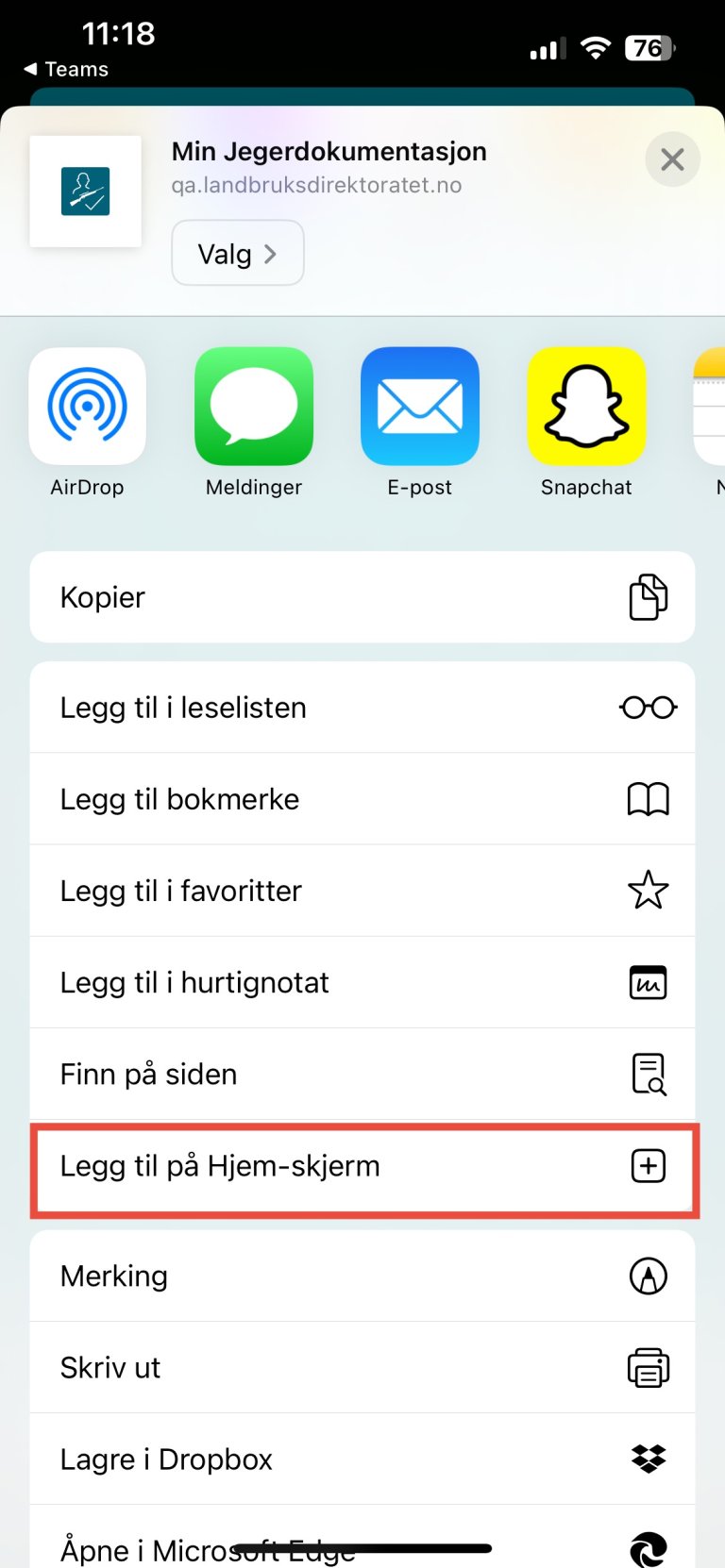 Bildet viser Velg Legg til på Hjem-skjerm 