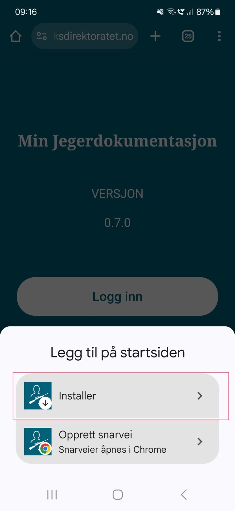 Bildet viser Velg Installer for å legge til appen på hjemskjermen din 