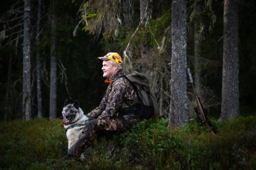 Jeger og hund i skogen