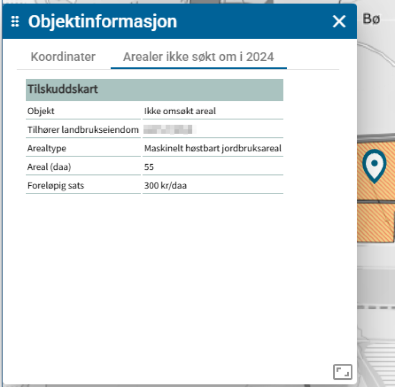 Bilde viser objektinformasjon over arealer som ikke søkt om i 2024