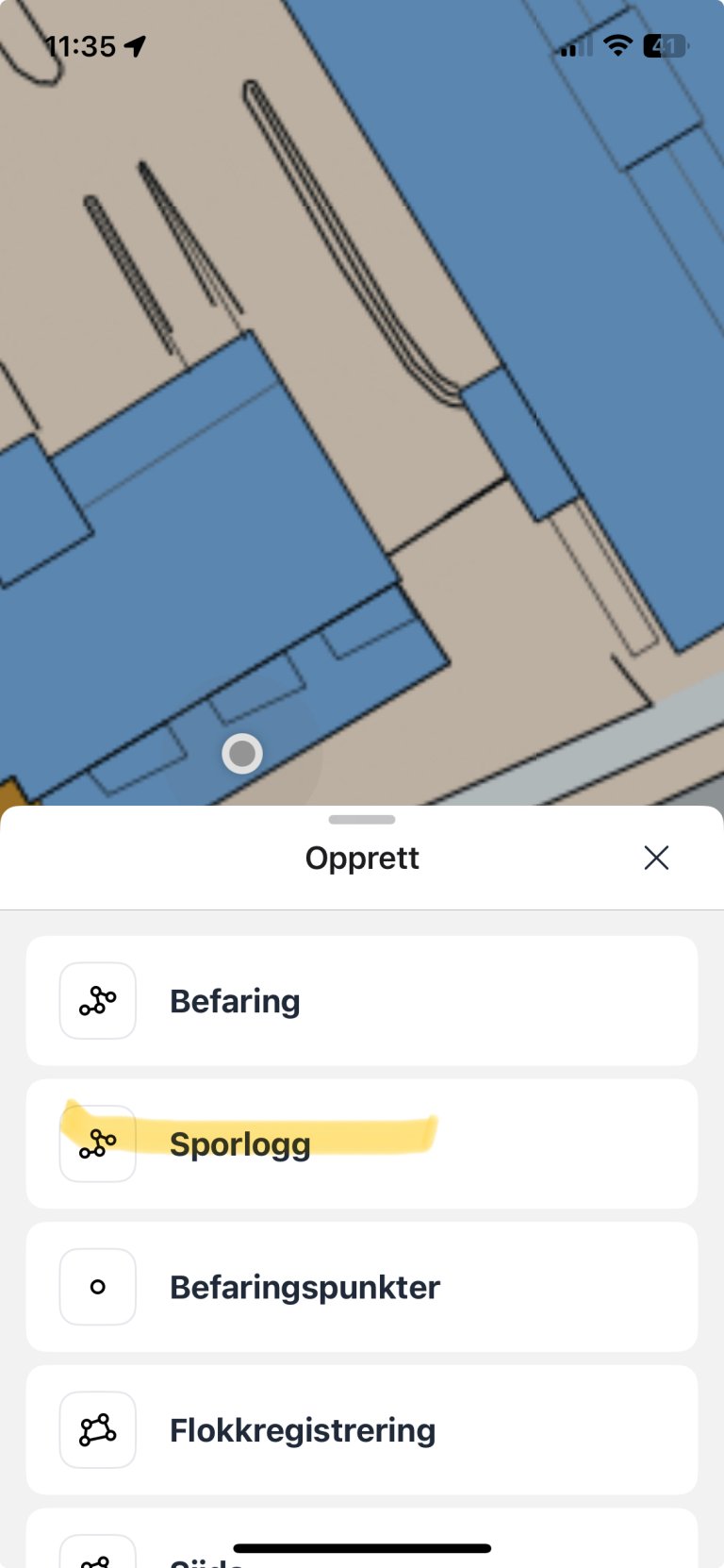 Kartbilde bebyggelse med markering av menypunkt "Sporlogg" under