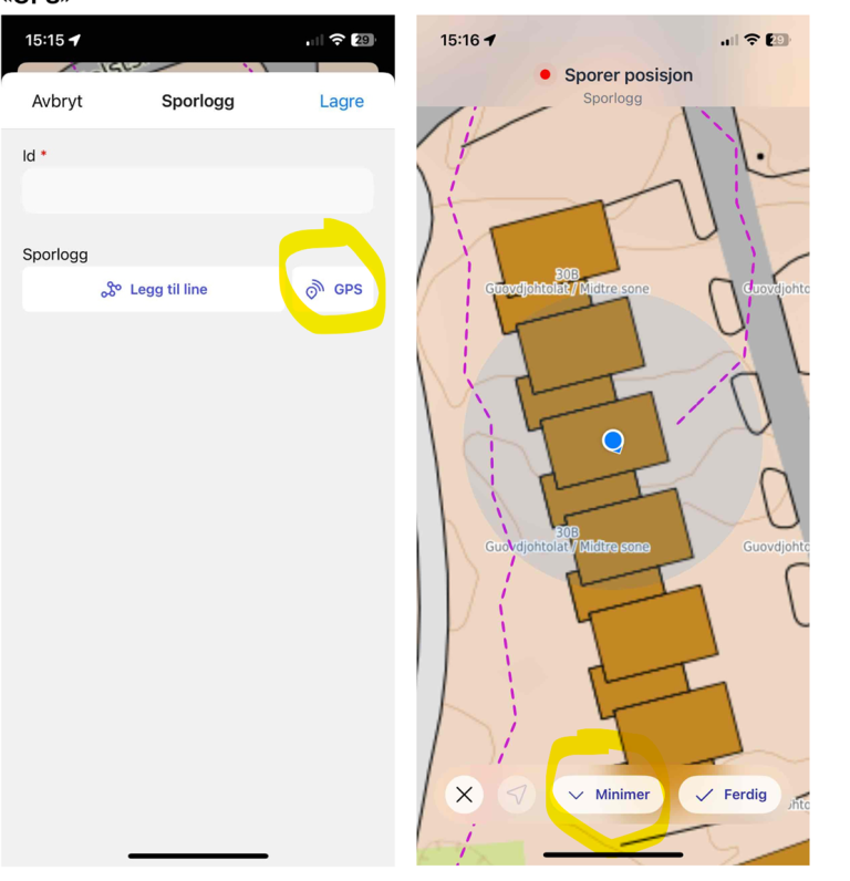 Kartbilde av bebyggelse til høyre og bilde av app til venstre med markering av GPS
