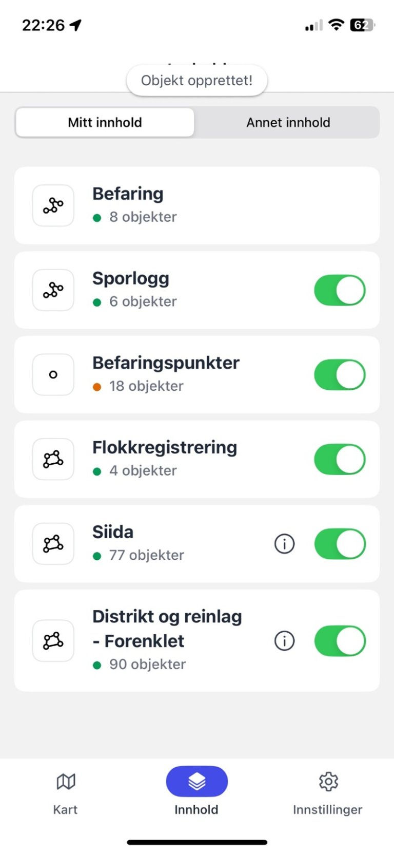 App-meny med markering av valgt punkt "BEfaringspunkter"
