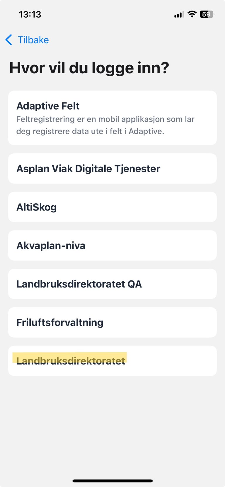 Startbilde innlogging Feltapp