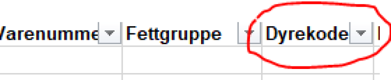 Bilde fra rapporteringssystem som viser kolonne for utfylling av dyrekode.
