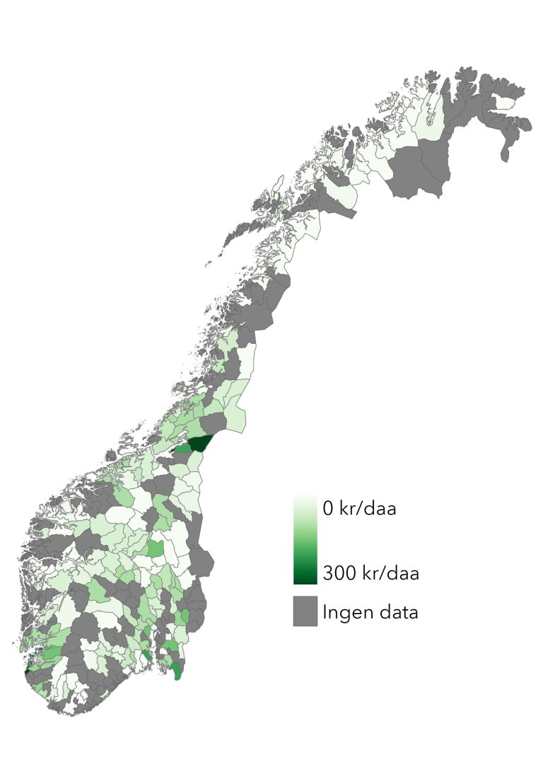 Kartet viser innrapporterte priser på leie av jord til innmarks- og utmarksbeite på kommunenivå.