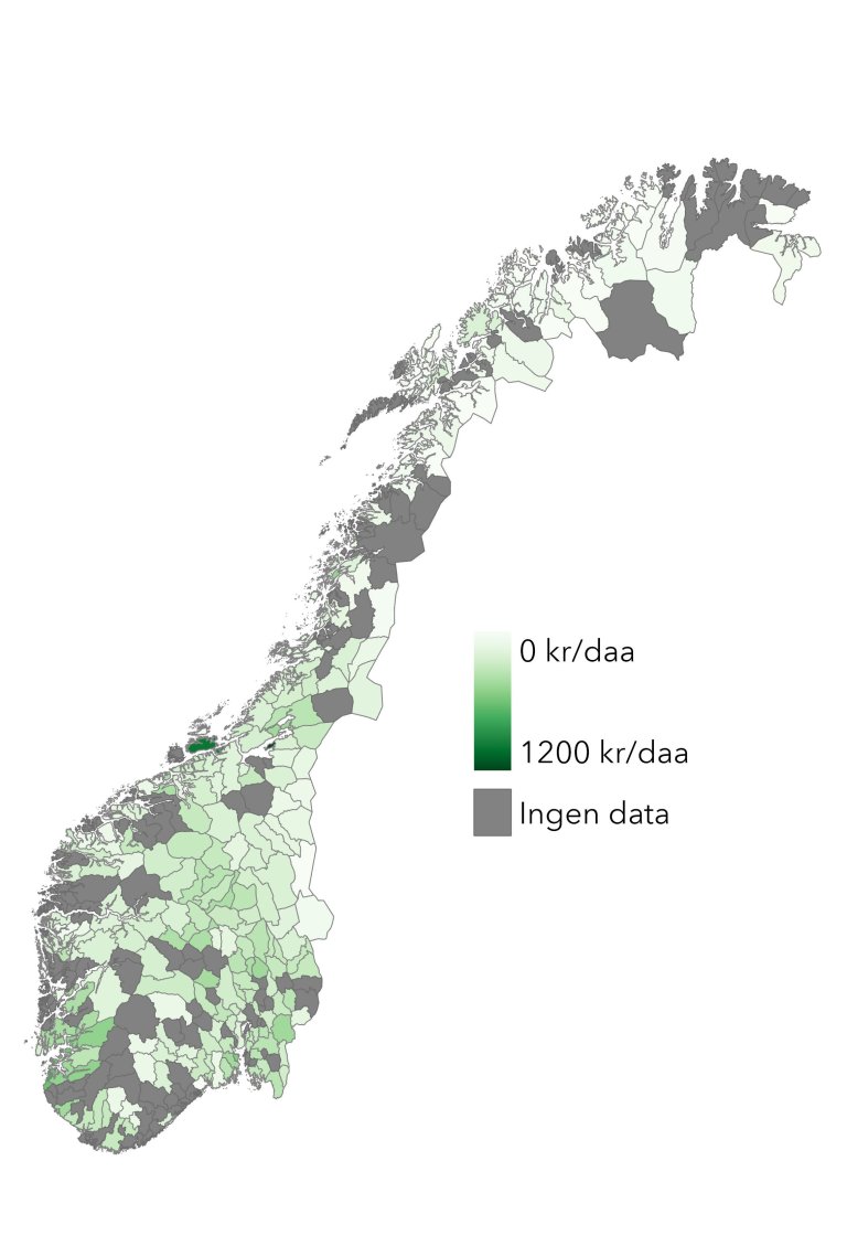 Kartet viser innrapporterte priser på leie av jord til grasdyrking på kommunenivå.